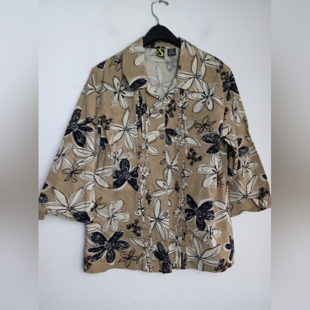 Spartelle Women Brown & Beige Floral 100% Linen Button Down Blouse size Large